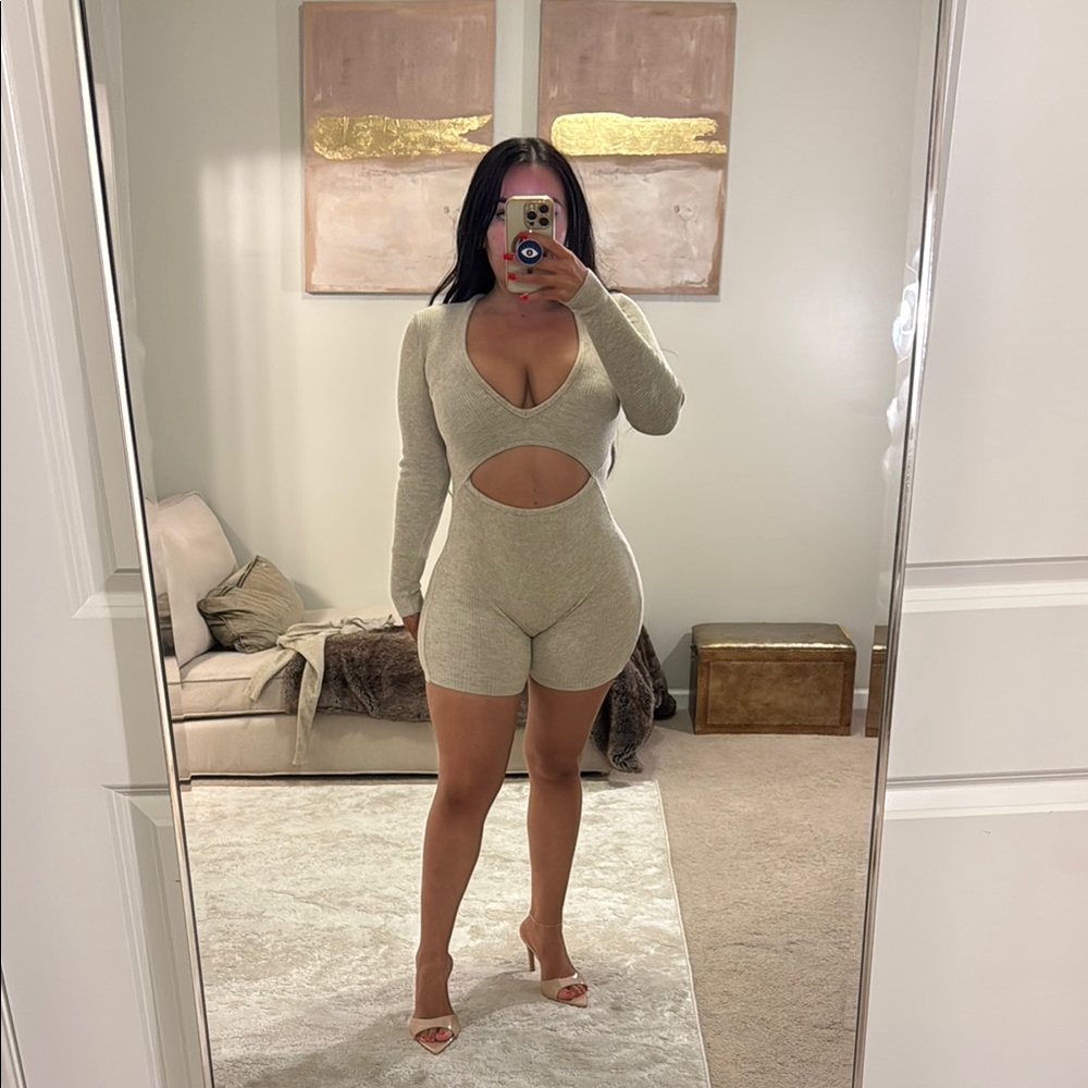 Edge Beige Ribbed Cutout Long Sleeve Romper
